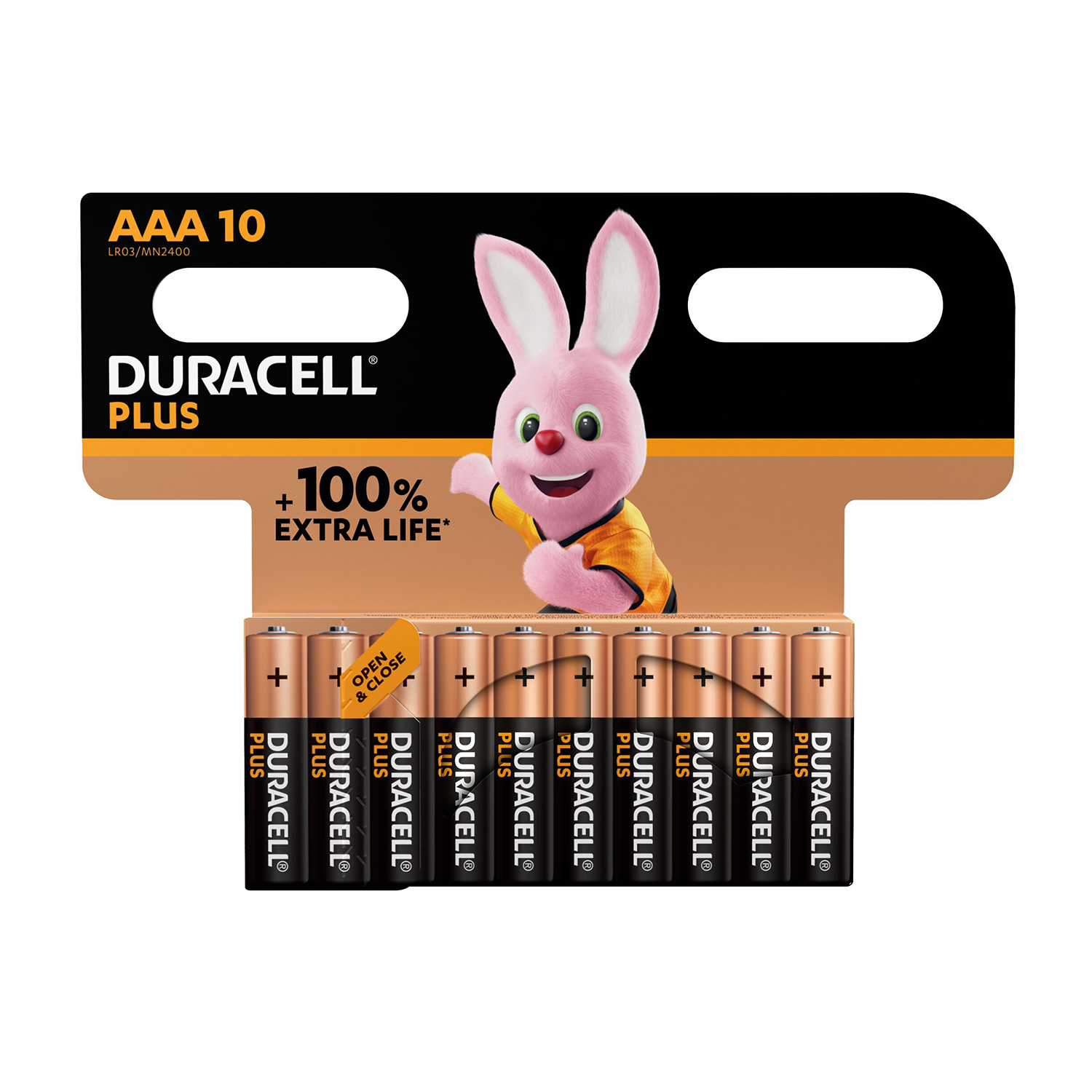 Pack of 10 Duracell Plus AAA batteries with pink bunny mascot and '100% Extra Life' claim.