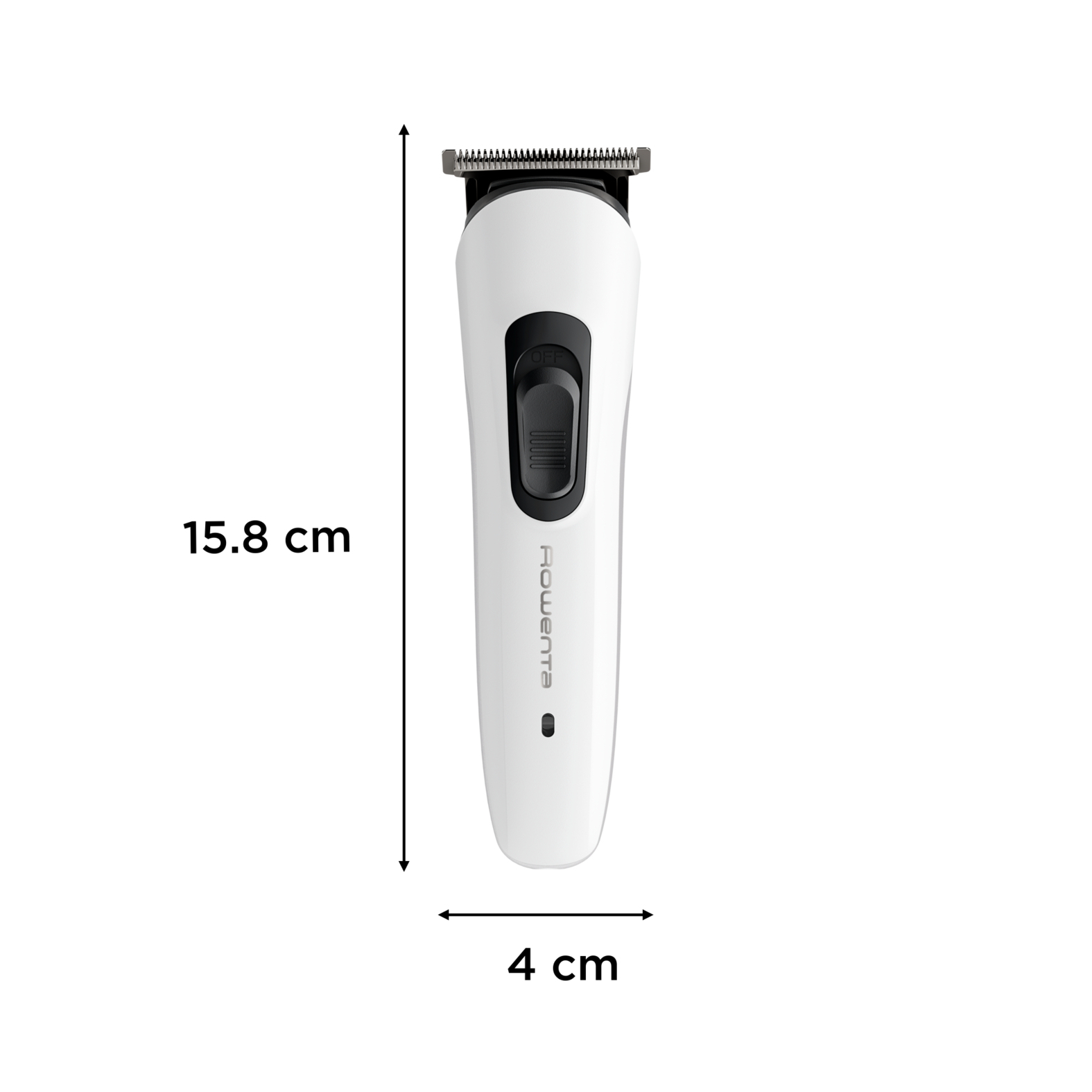 Siyah düğmeli beyaz Rowenta tüy kesme makinesi. 15,8 cm yükseklik, 4 cm genişlik.