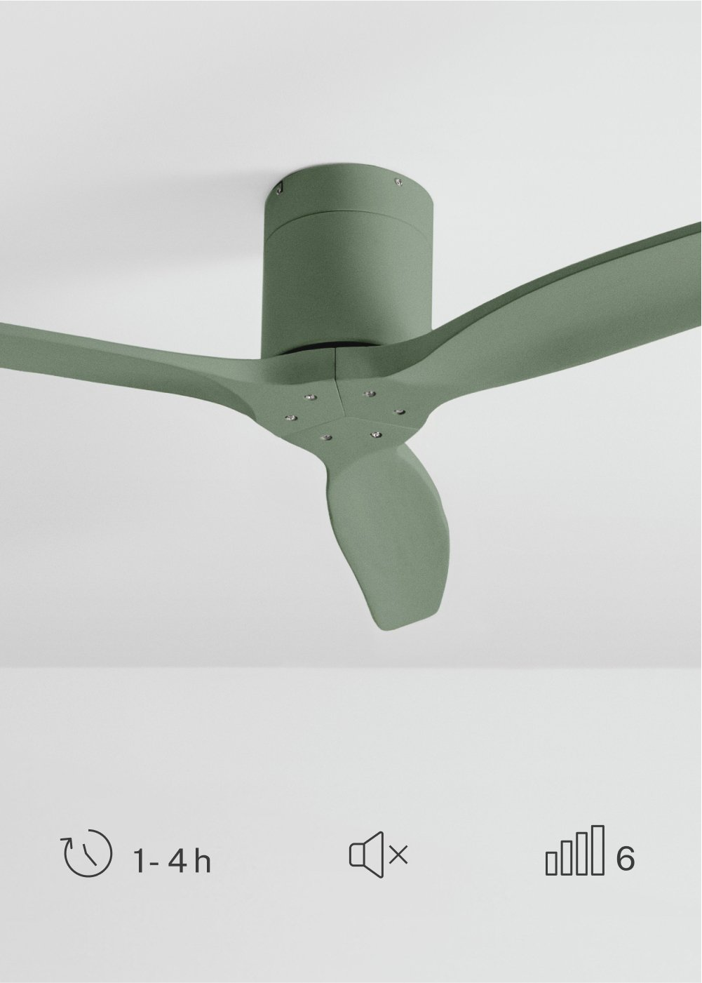 Un ventilador de techo verde con tres aspas en un techo blanco. Iconos muestran temporizador, silencio y nivel 6.