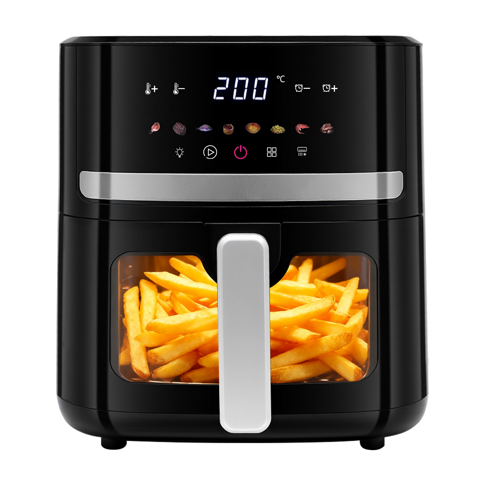 Schwarzer Heißluftfritteuse mit Pommes im Sichtfenster und digitaler Anzeige.