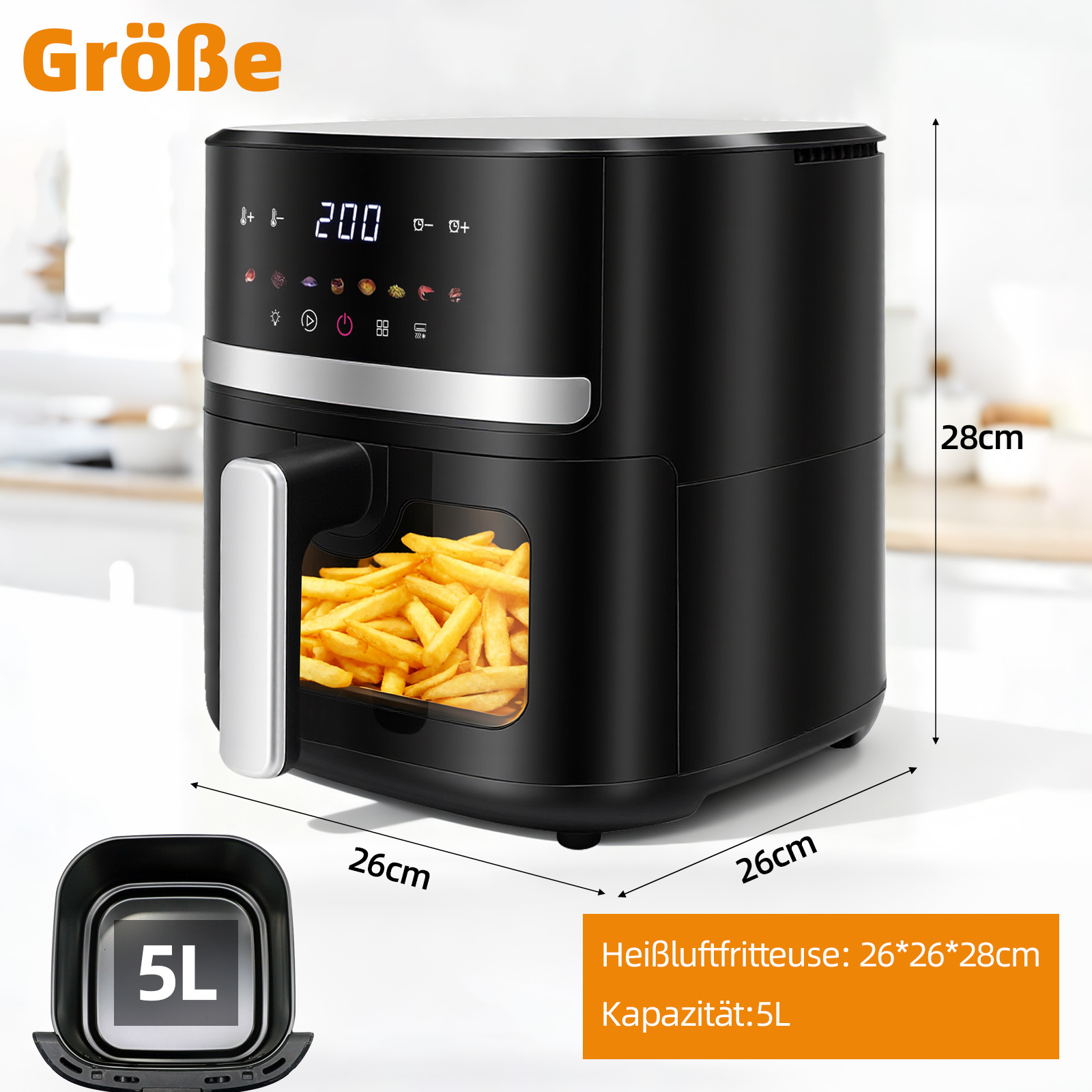 Schwarze Heißluftfritteuse mit 5L Kapazität, gefüllt mit Pommes.