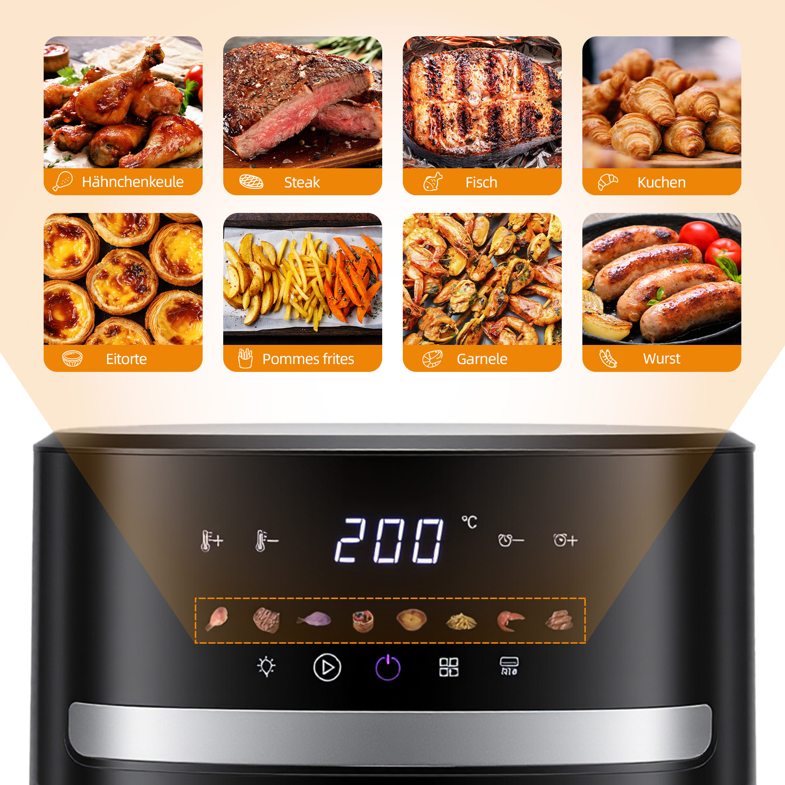 Ein Airfryer-Display mit Kochsymbolen: Hähnchen, Steak, Fisch, Kuchen, Eierkuchen, Pommes, Garnelen, Wurst.