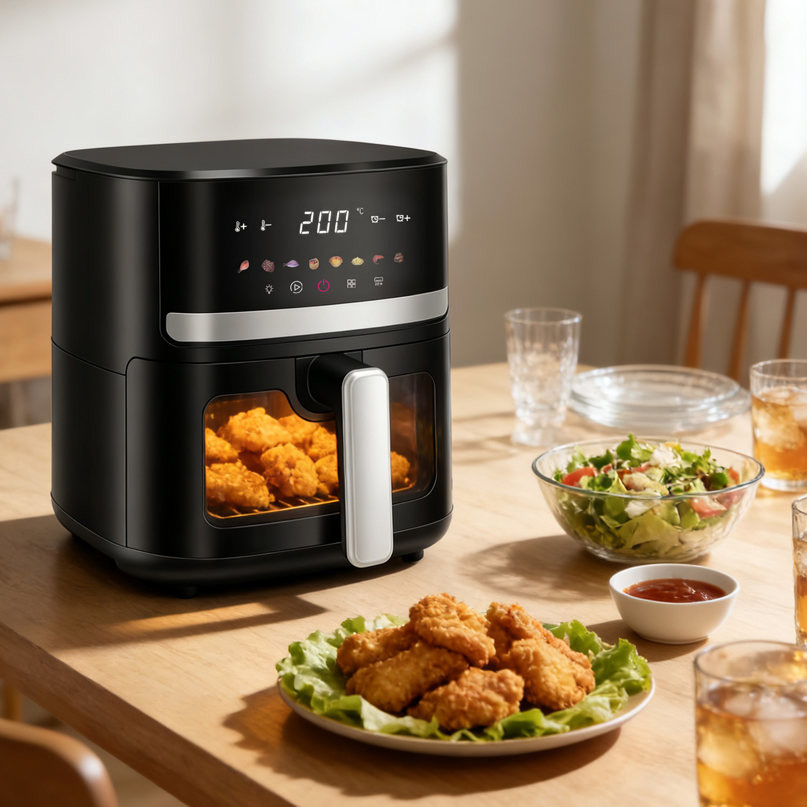 Eine schwarze Heißluftfritteuse mit angezeigten 200°C, die Hühnchenstücke kocht. Serviert mit Salat und Getränken.