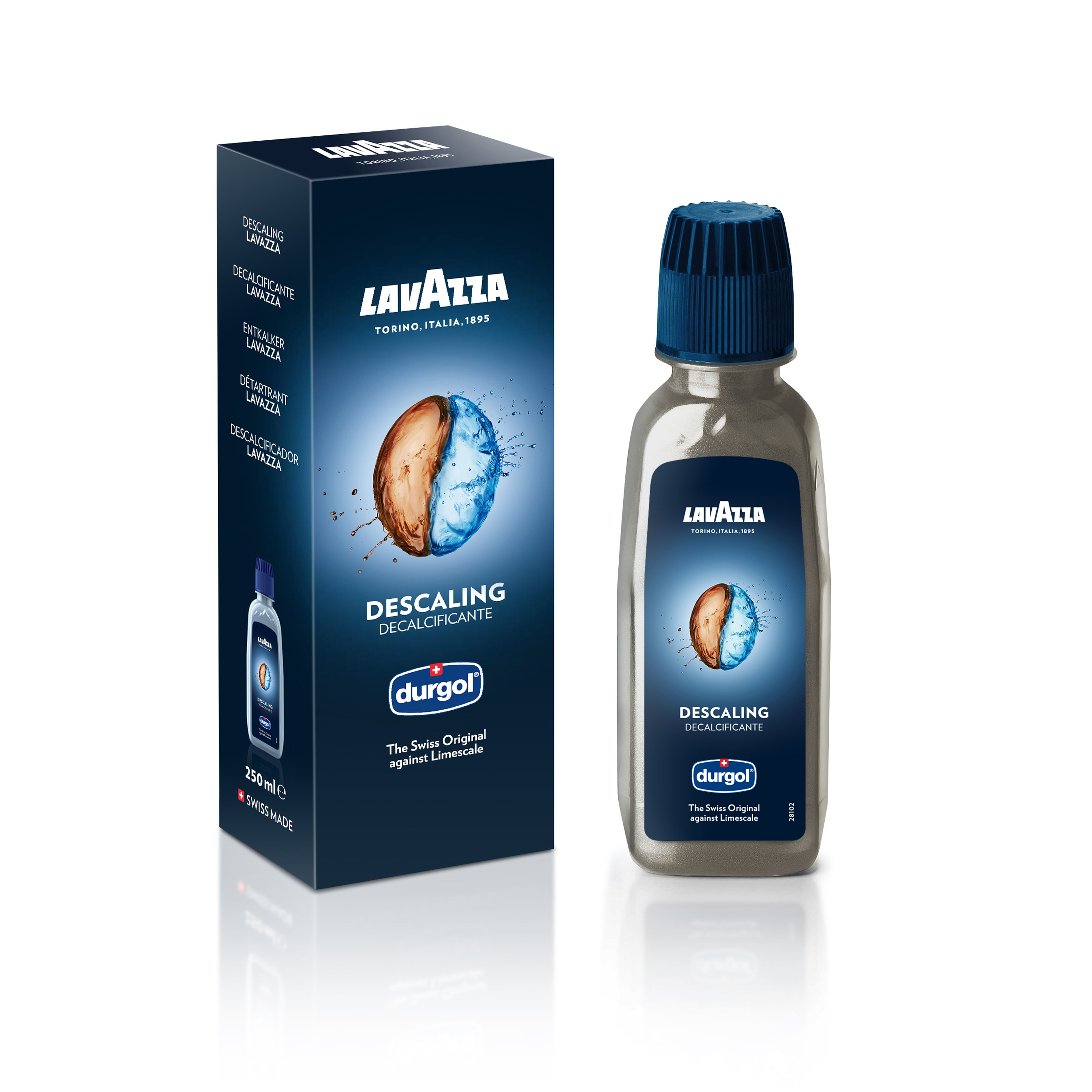 Flacone e scatola decalcificante Lavazza con schizzi d'acqua e grafica del chicco di caffè.