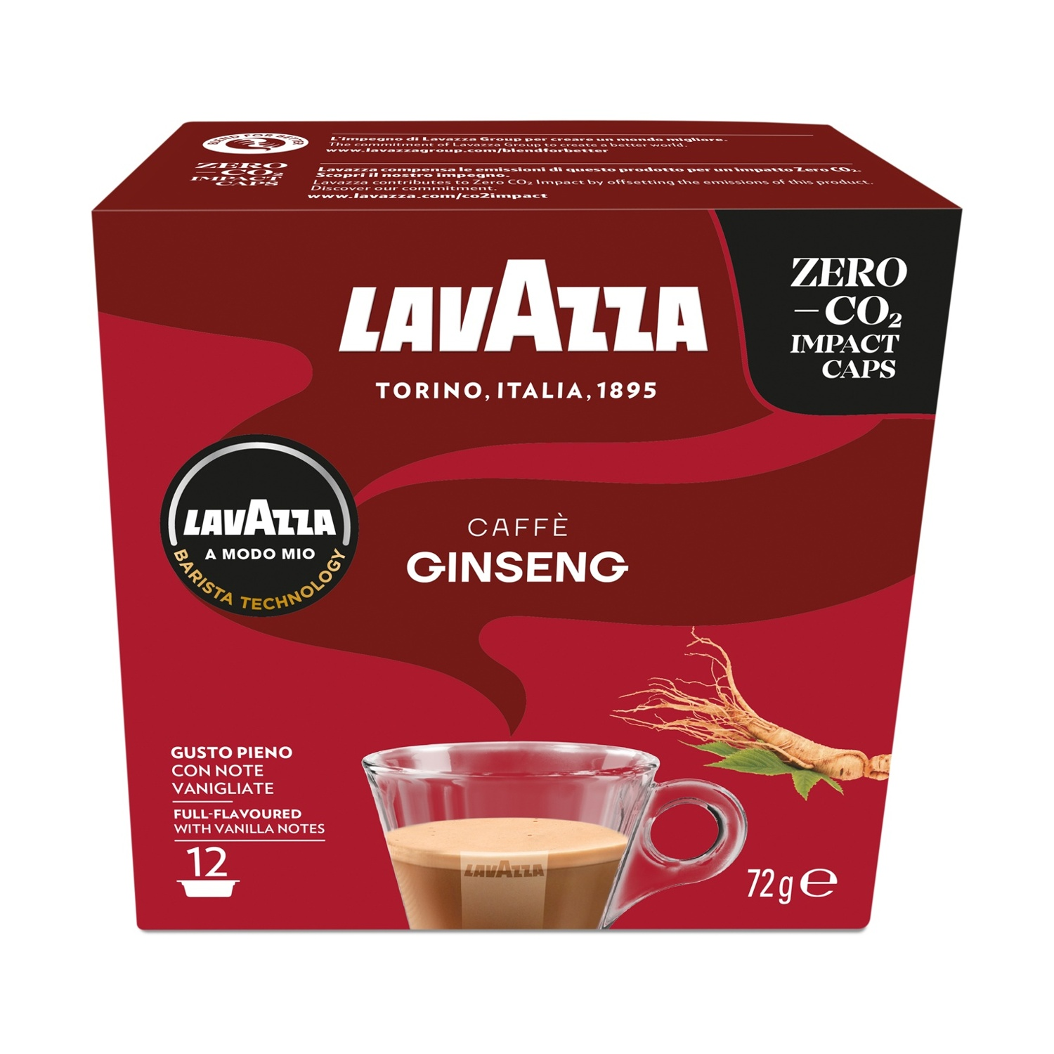 Capsule di caffè Lavazza Ginseng con tazza di caffè e radice di ginseng.
