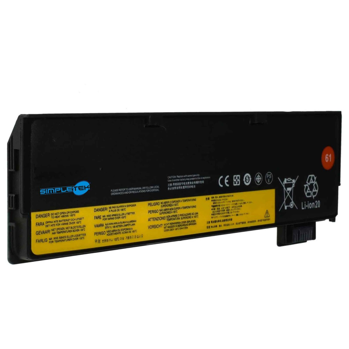 Batteria nera con etichette di avvertenza e marchio CE.