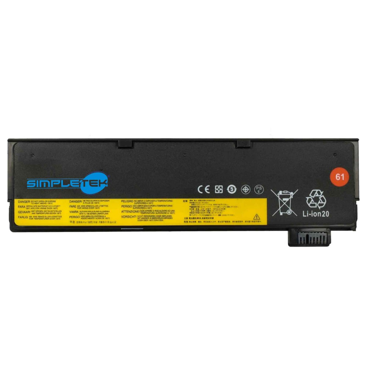 Batteria nera con logo 'SIMPLETEK', etichette di avvertenza e testo 'Li-ion 20'.