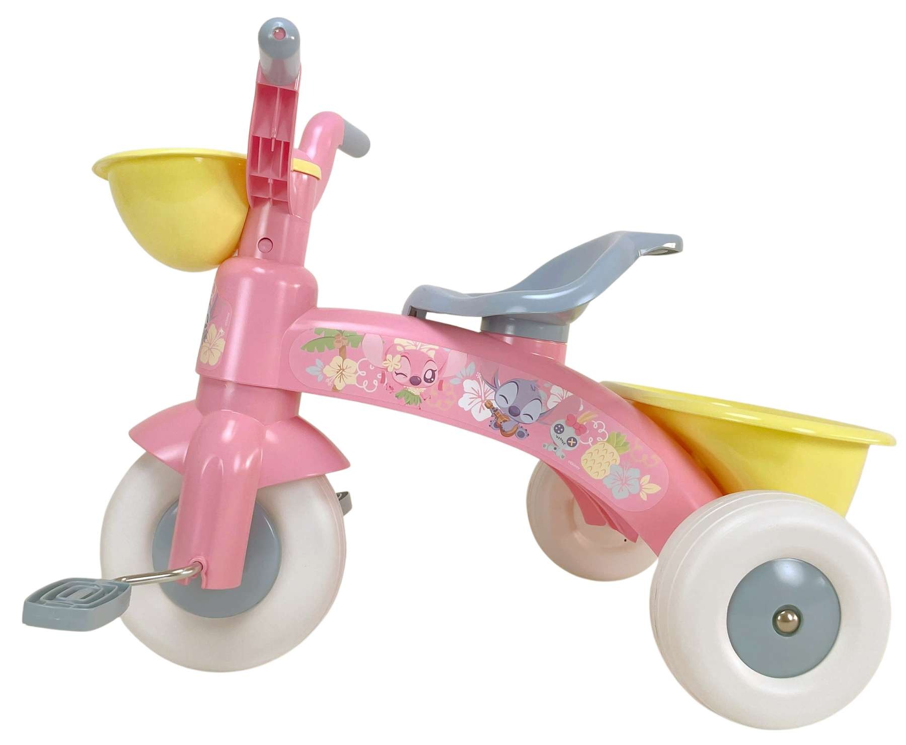 Pinkes Kinderdreirad mit Stitch-Figuren, gelben Körben und weißen Rädern.