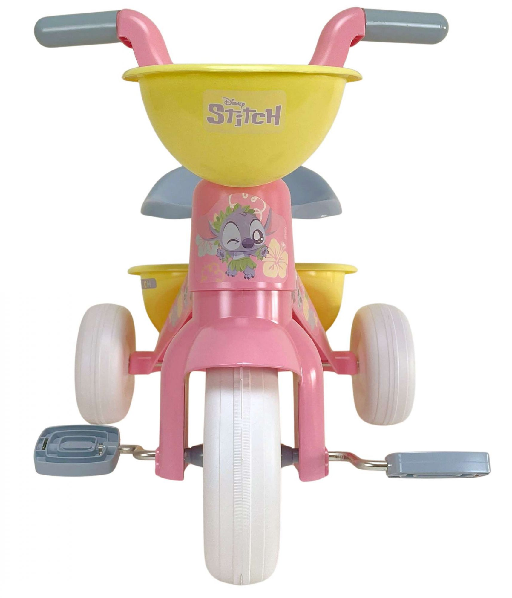 Dreirad in Pink und Gelb mit Stitch, blauen Lenkern und Pedalen, weißen Rädern.