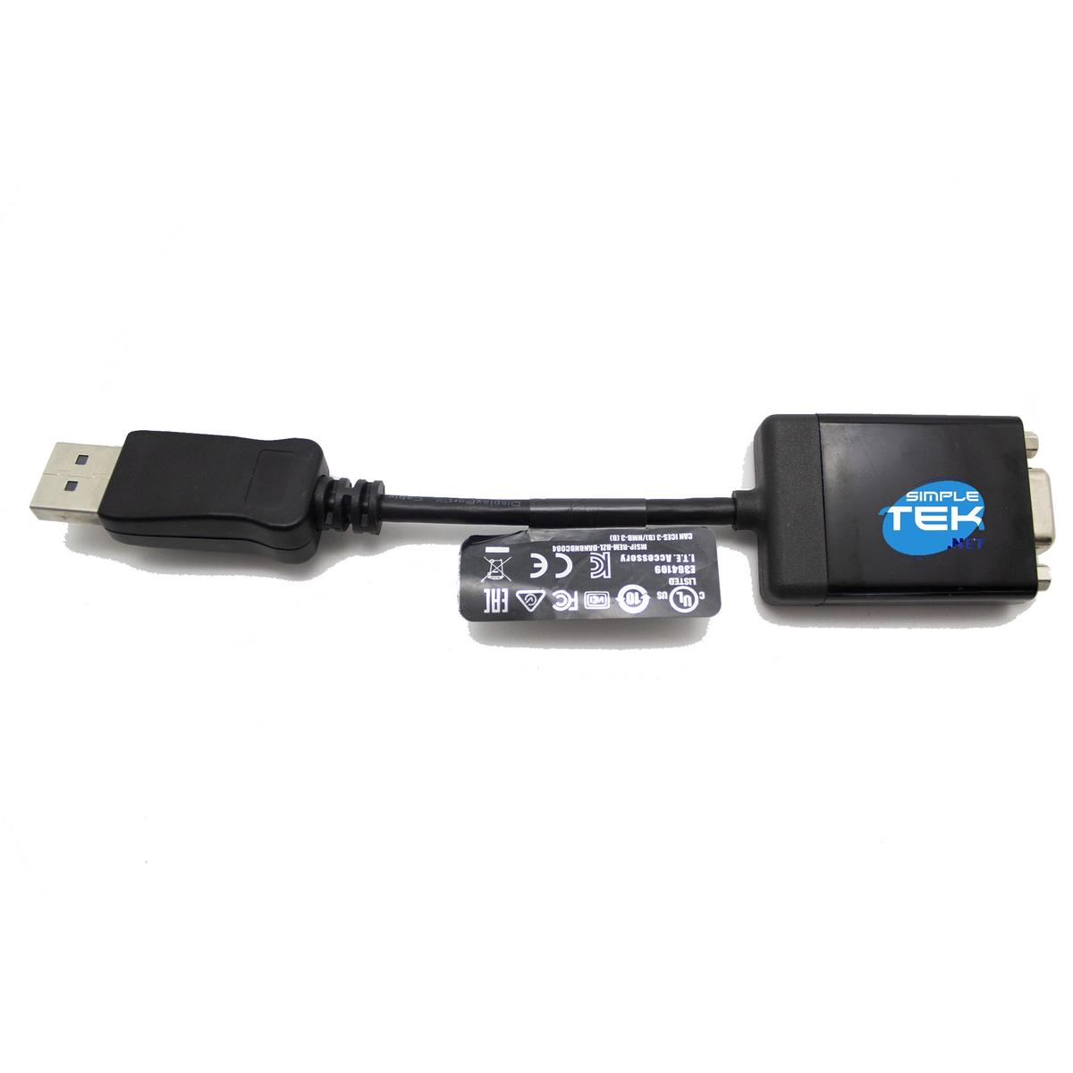 Adattatore USB a VGA SimpleTek nero con loghi di certificazione.