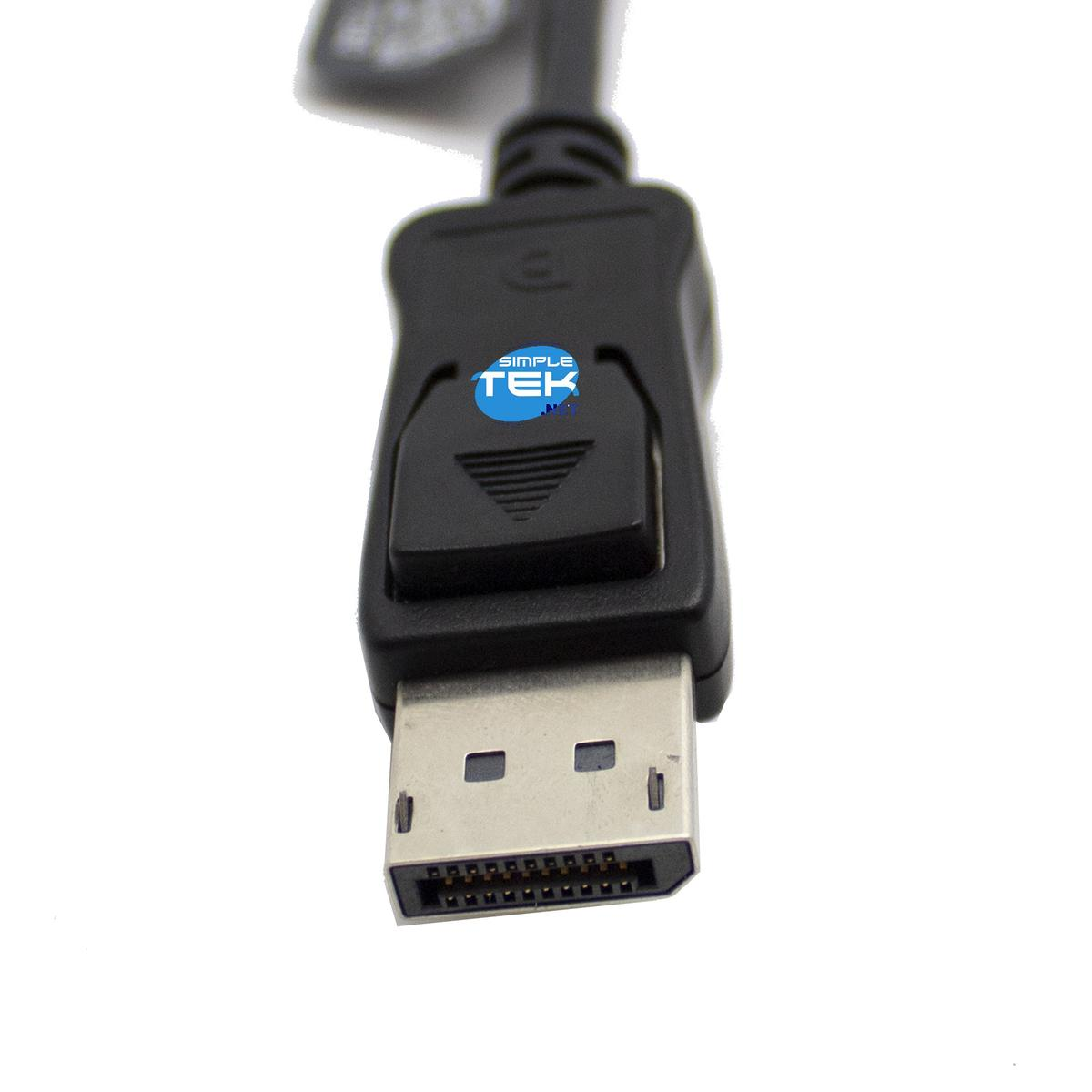 Connettore cavo DisplayPort nero con estremità in metallo argentato e logo "Simple Tek".