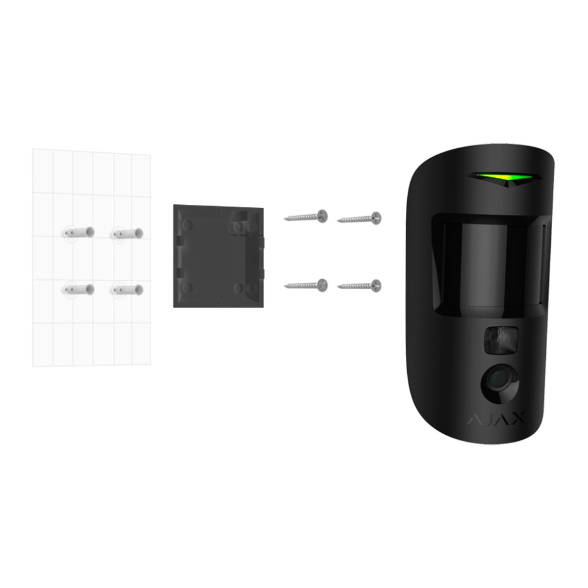 Sensor de movimiento negro con soporte de montaje, tornillos y tacos.