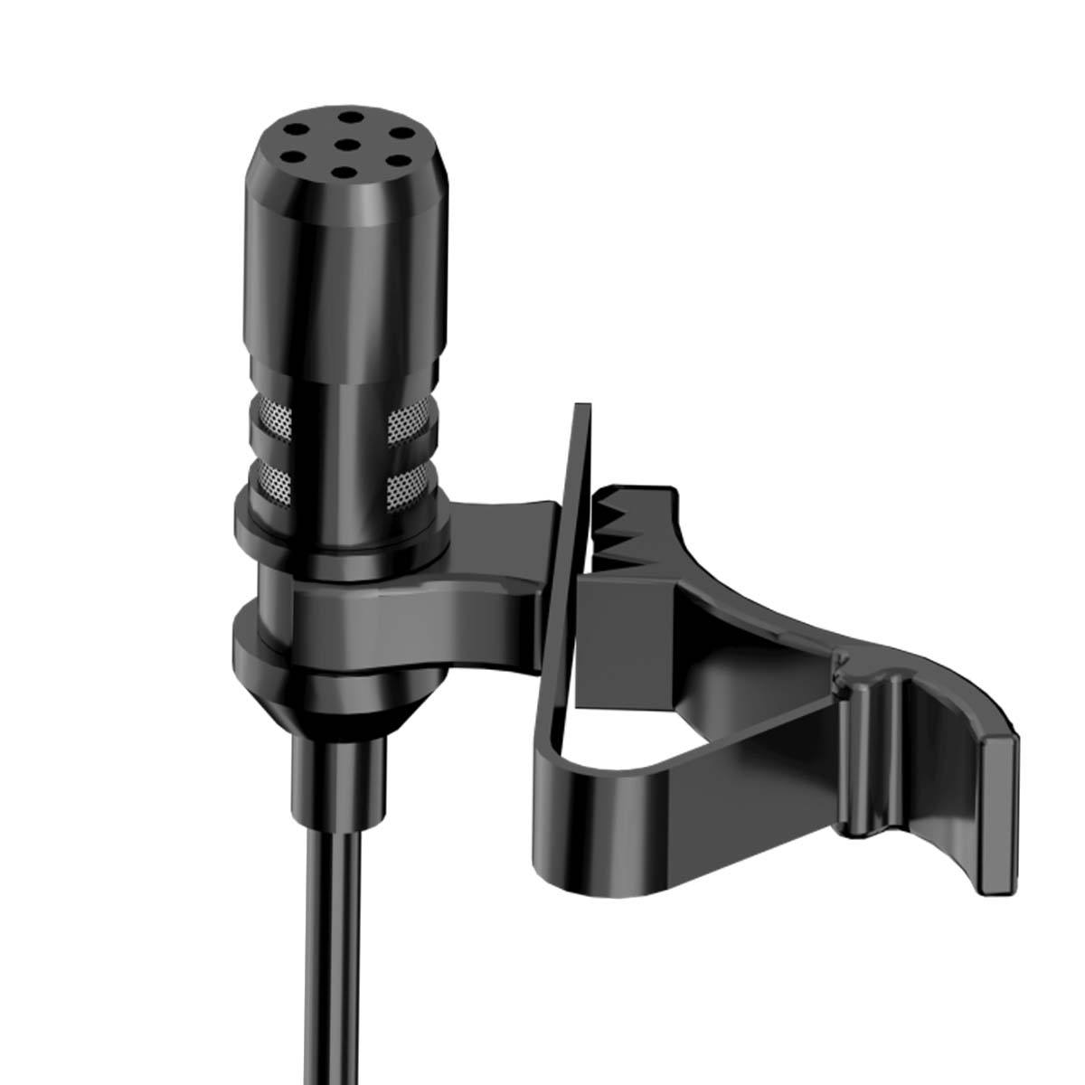 Un microfono lavalier nero con clip è mostrato su sfondo bianco.