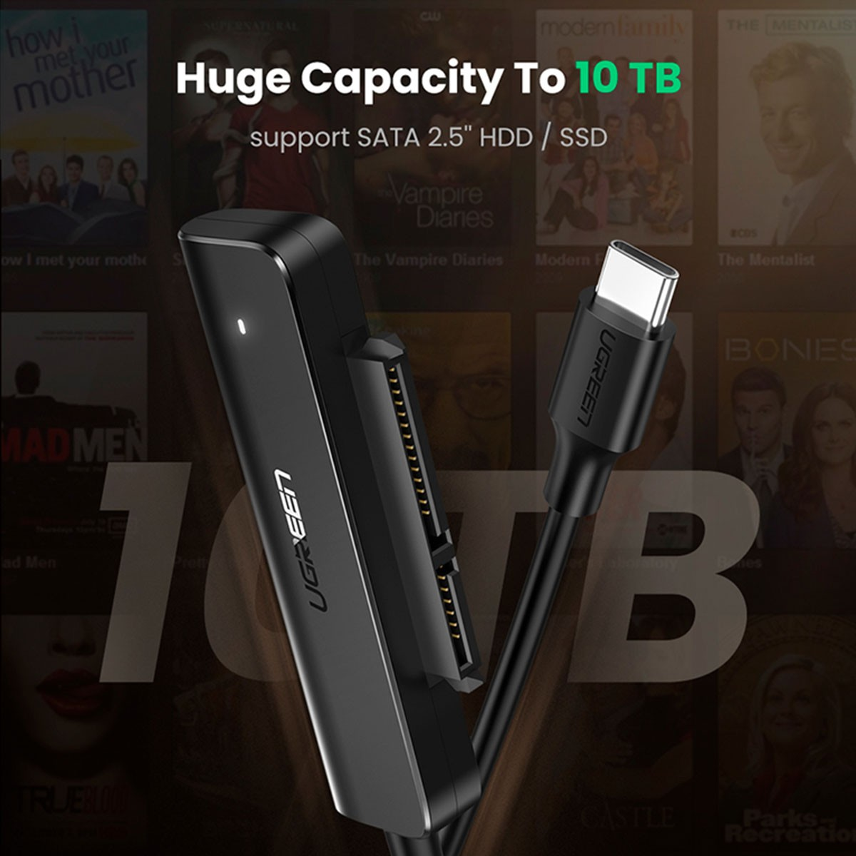 Czarny adapter SATA do USB z kablem USB-C, reklamujący pojemność 10 TB.