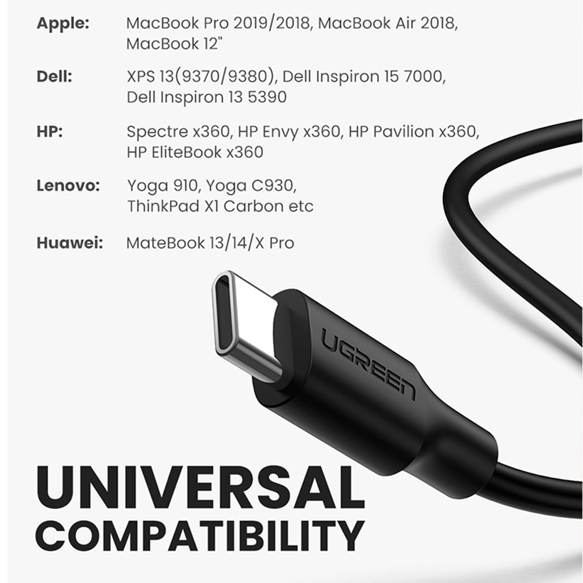 Kabel USB-C UGREEN z listą kompatybilnych laptopów Apple, Dell, HP, Lenovo, Huawei.