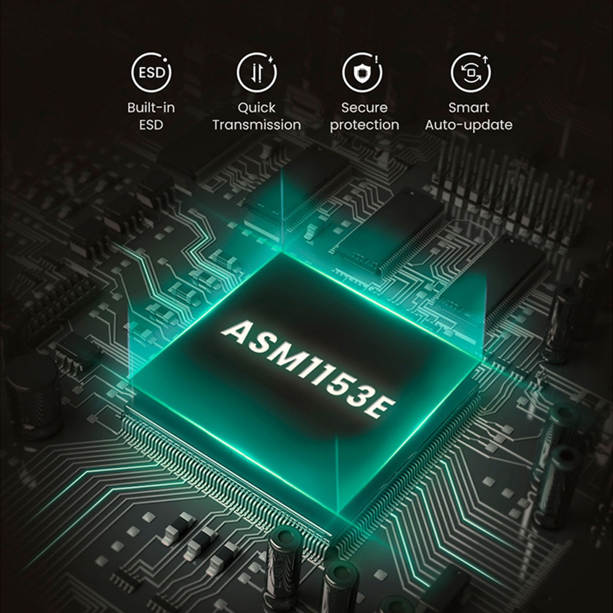 Zbliżenie chipu komputerowego oznaczonego ASM1153E z ikonami ESD, Szybka transmisja, Bezpieczna ochrona i Inteligentna automatyczna aktualizacja.