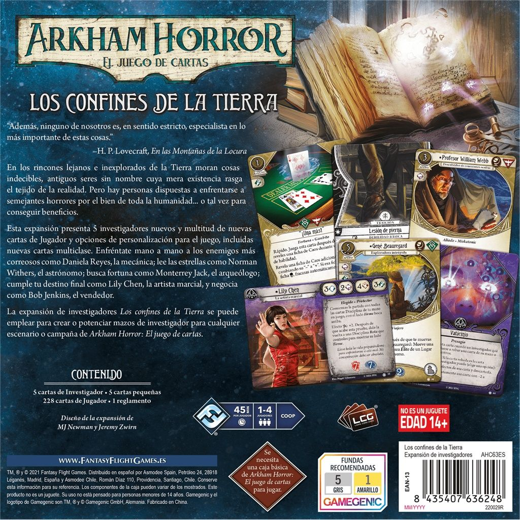 La parte trasera de la expansión del juego de cartas Arkham Horror 'Los Confines de la Tierra'.