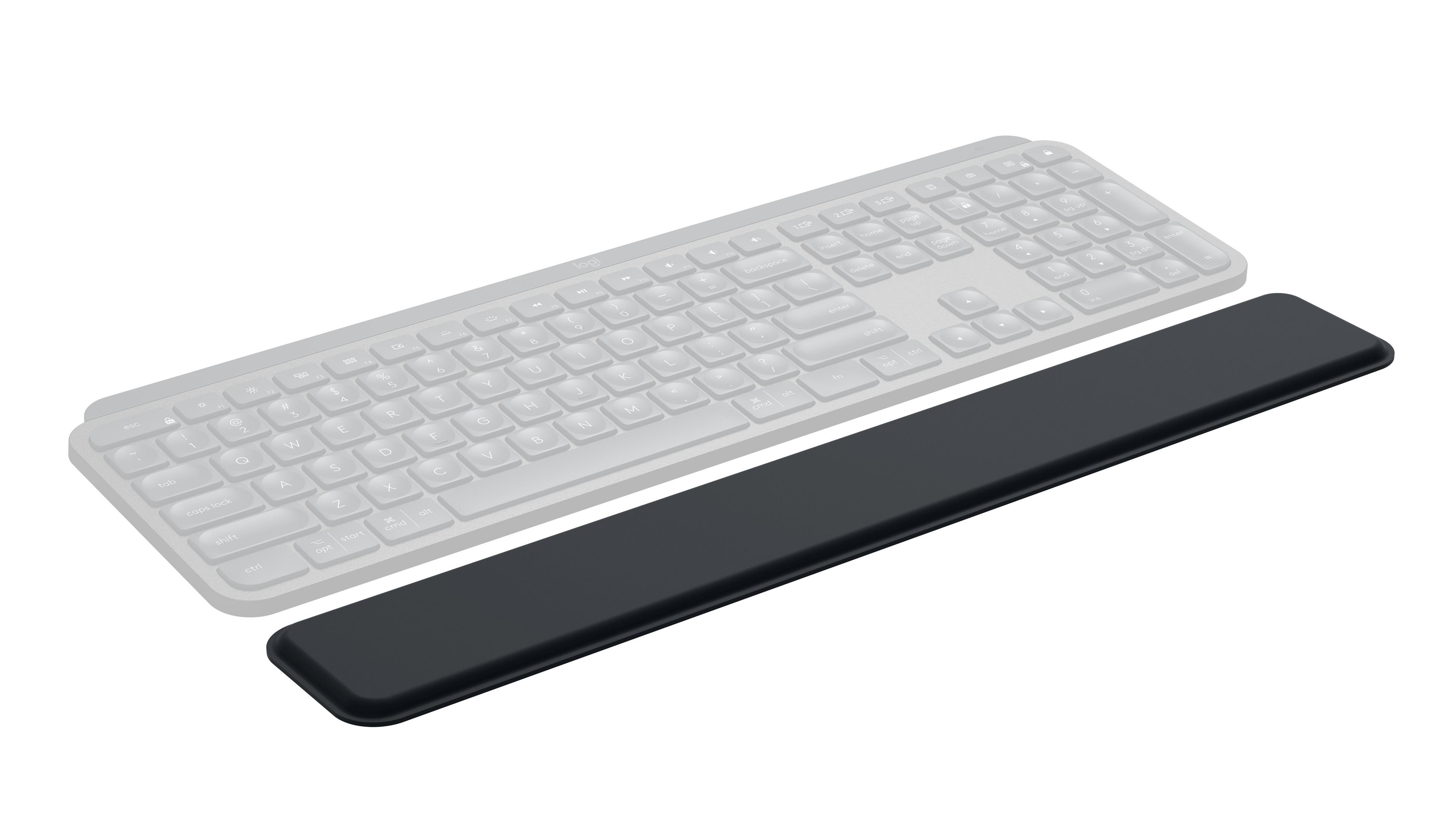 Un poggiapolsi nero davanti a una tastiera per laptop grigia.