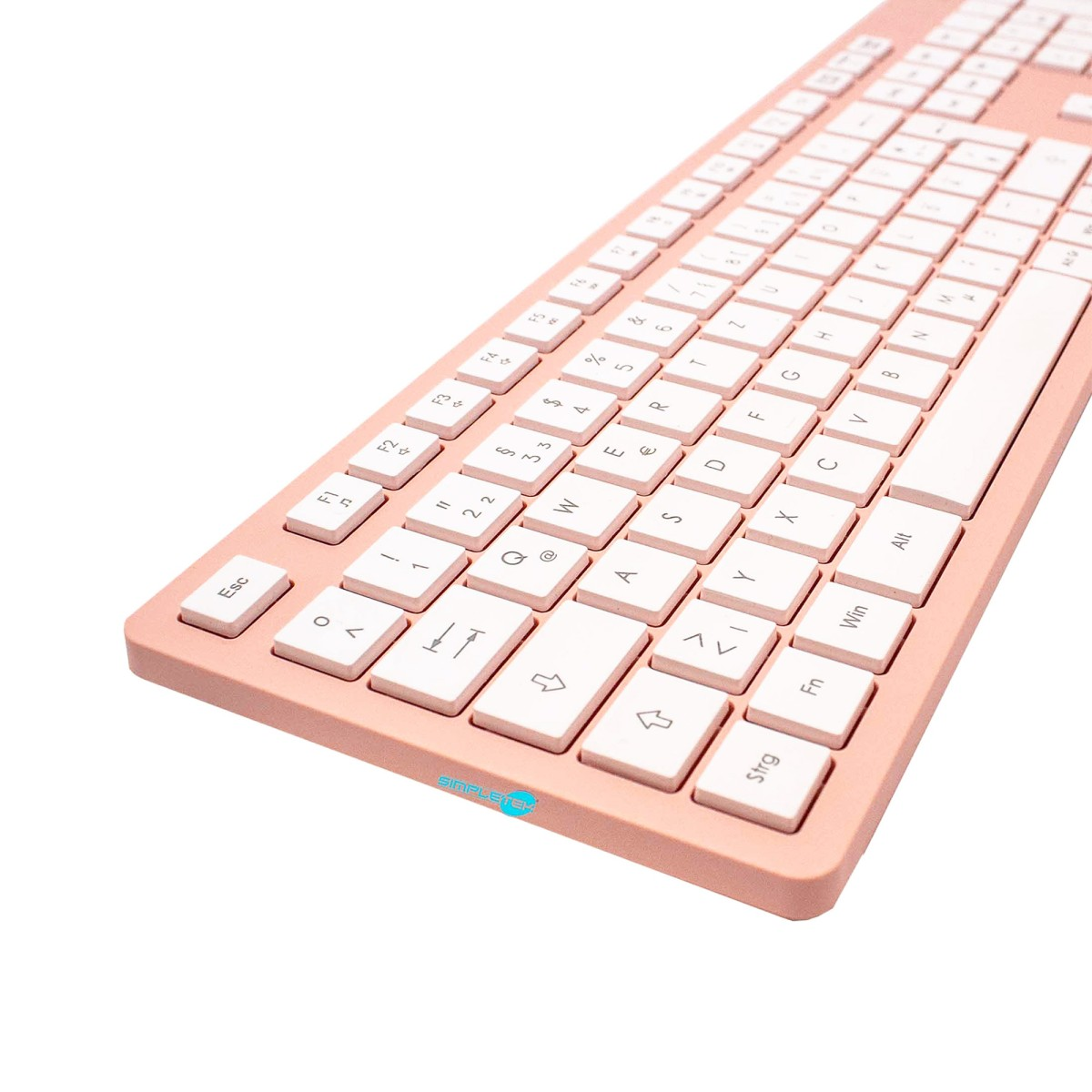 Una tastiera rosa con tasti bianchi è mostrata di scorcio su sfondo bianco.