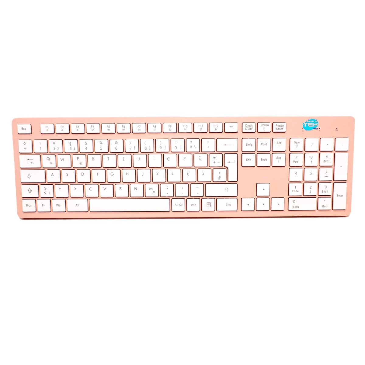 Una tastiera per computer rosa chiaro con layout QWERTZ su sfondo bianco.