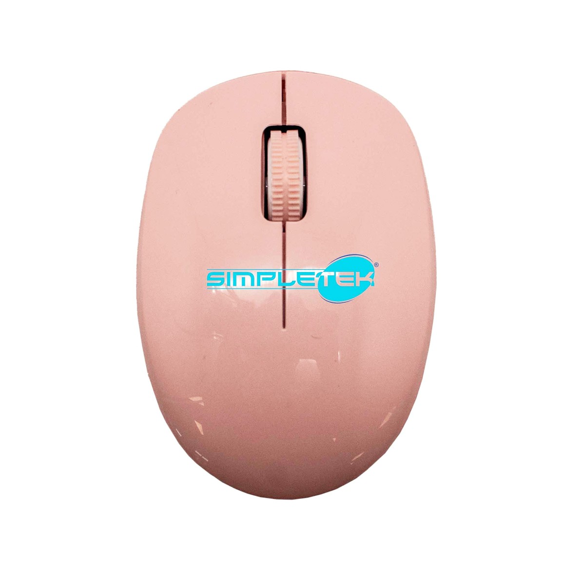 Un mouse rosa con rotella di scorrimento e logo SimpleTek su sfondo bianco.
