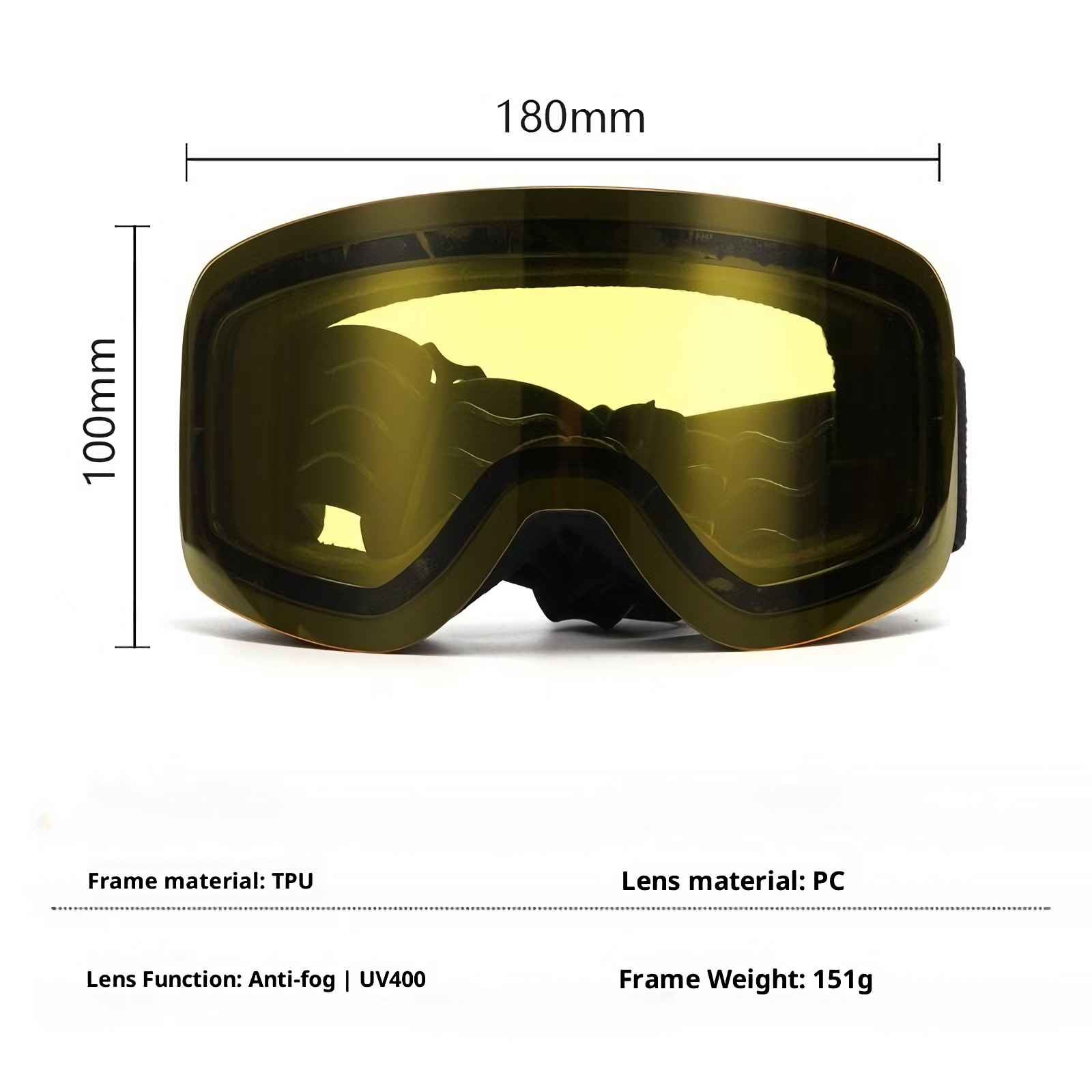 Gelbe Skibrille, 180mm breit und 100mm hoch. TPU-Rahmen, PC-Linse.