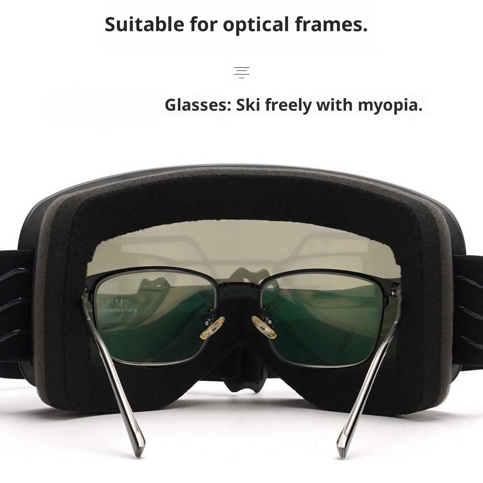 Skibrille mit Brille für Kurzsichtige, schwarzer Rahmen.