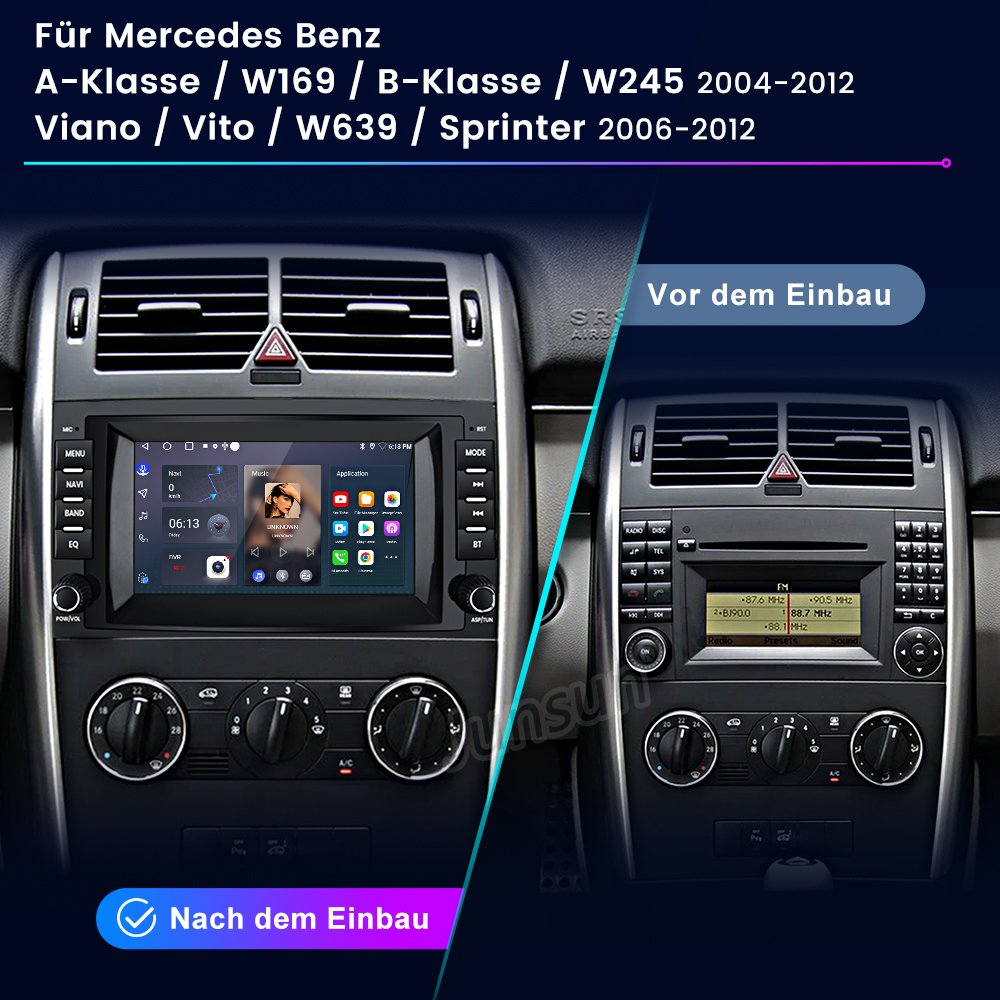 Vor und nach dem Einbau des Autoradios für Mercedes Benz Modelle.
