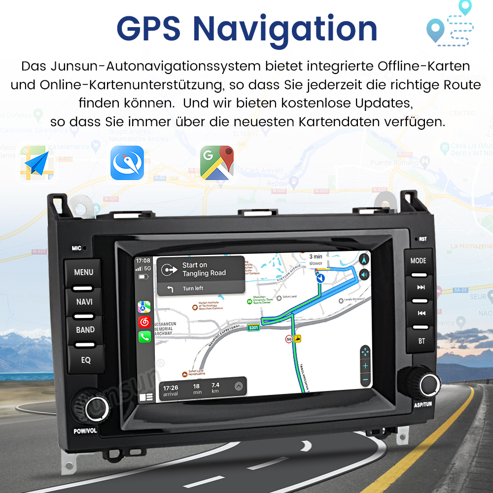 GPS-Navigationsgerät mit Kartenansicht, Routenführung und Menüoptionen.