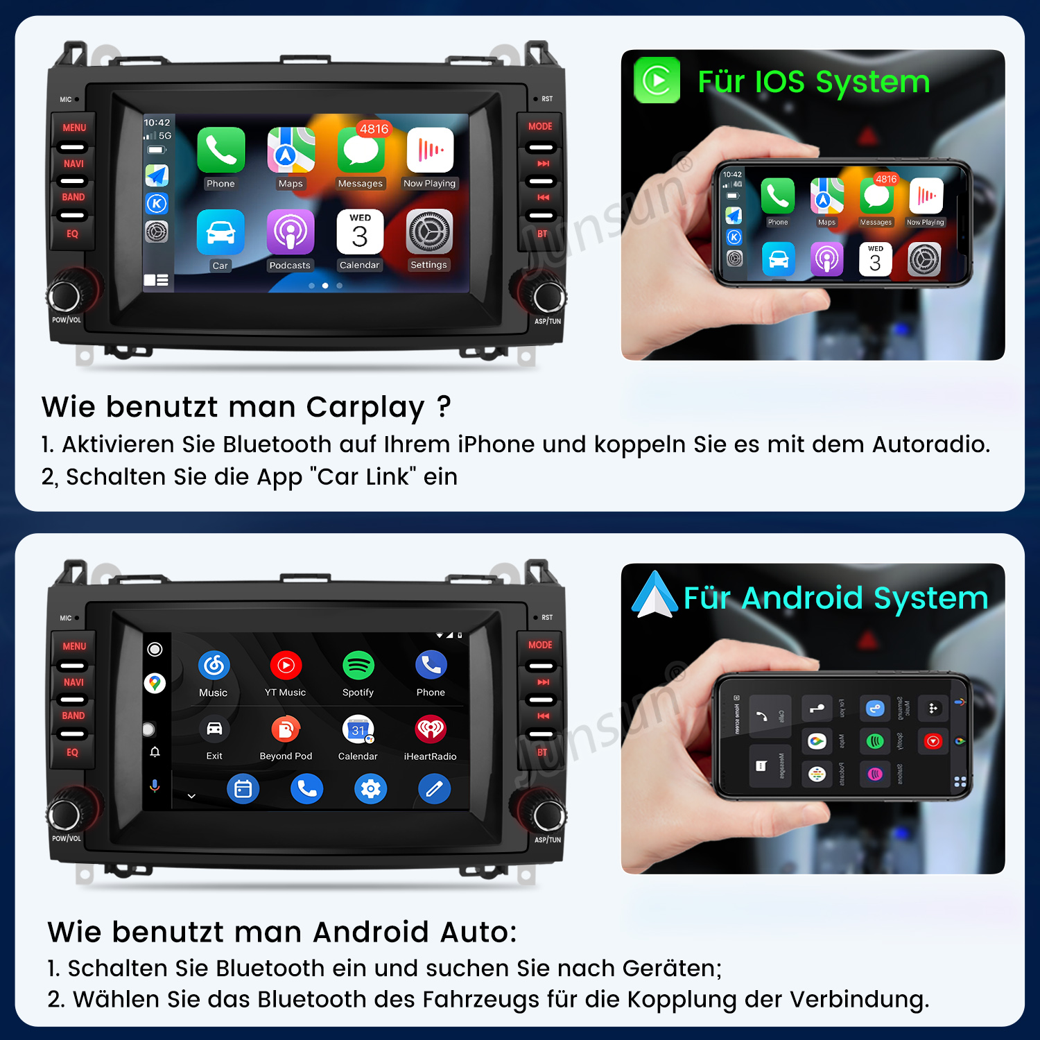 Bildschirm eines Autoradios mit Carplay-Oberfläche und iPhone-Vergleich.