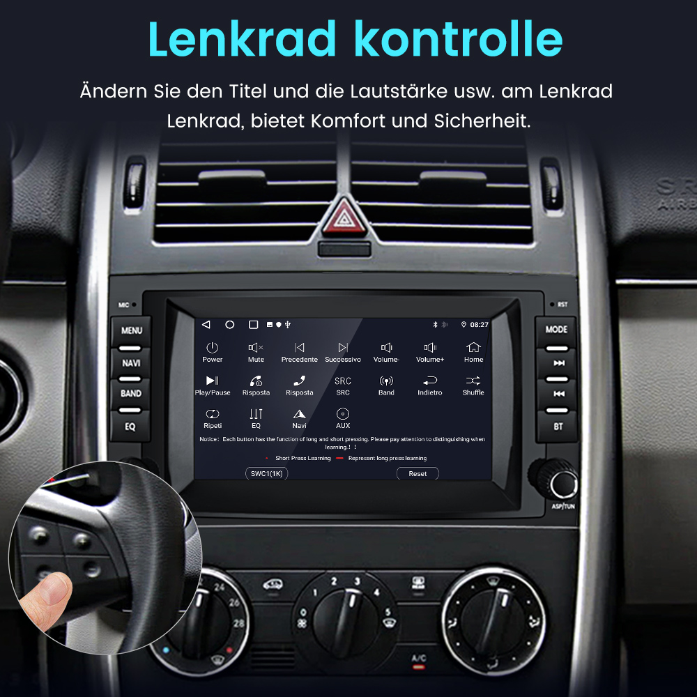 Ein Mann drückt eine Taste am Lenkrad eines Autos, das auf den Infotainment-Bildschirm zeigt.