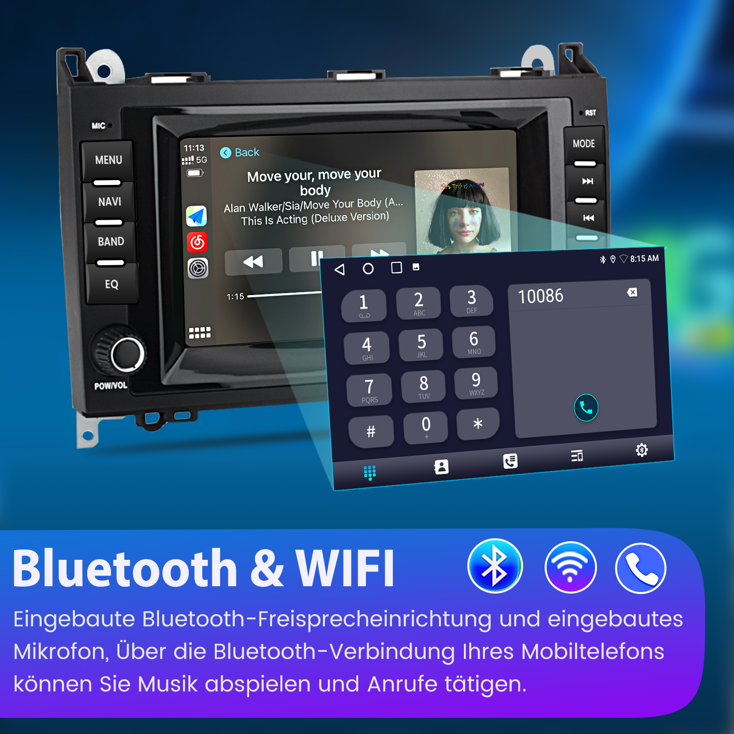 Ein Autoradio mit Touchscreen zeigt Musik und Wählfeld. Unten steht 'Bluetooth & WIFI'.