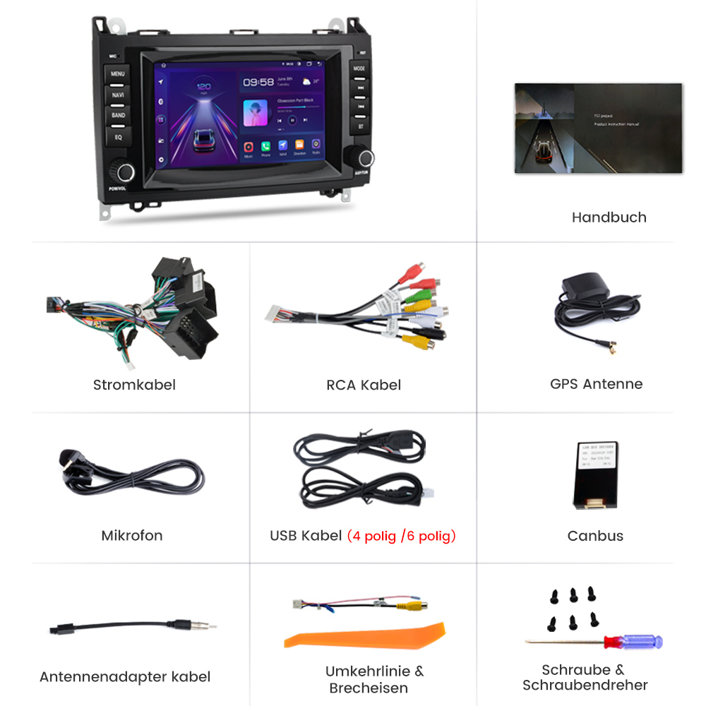 Auto-Multimedia-System, Kabel, GPS-Antenne, Mikrofon, USB-Kabel, Canbus, Adapter, Werkzeug.