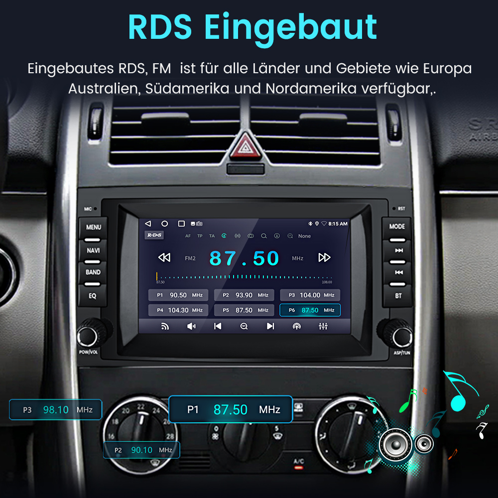Einbau-Autoradio mit Touchscreen zeigt Radiosender 87.50 MHz an.