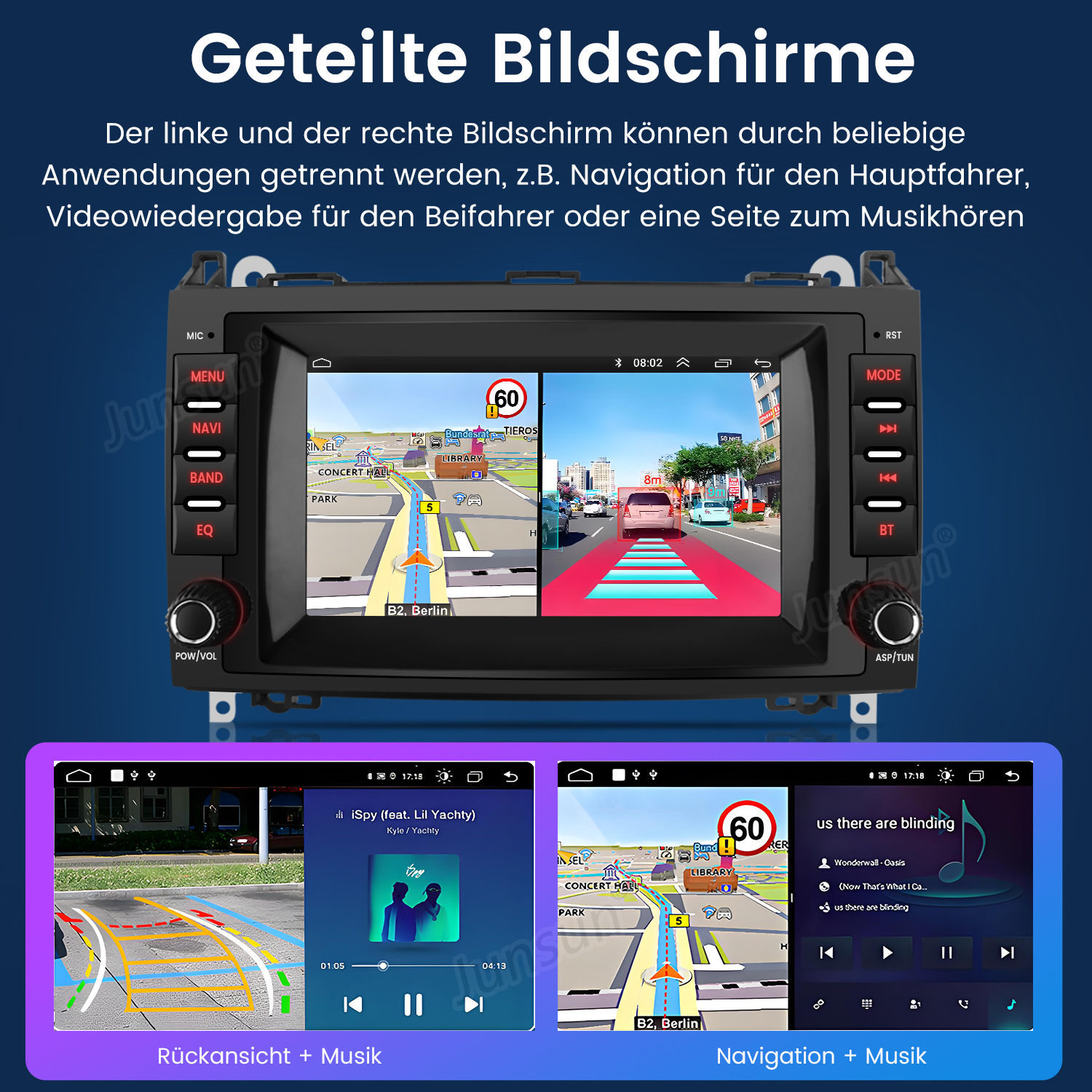Auto-Infotainmentsystem mit geteiltem Bildschirm: Navigation und Musik-Player.