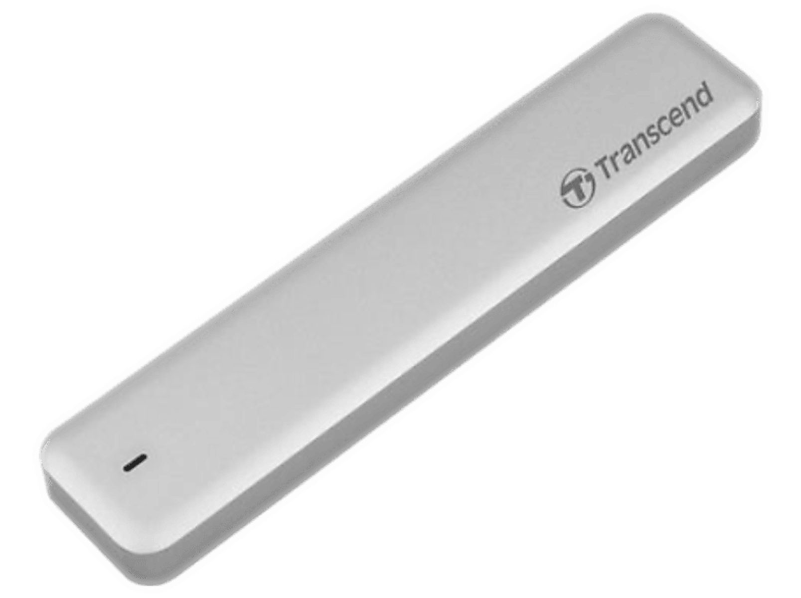 Un elegante dispositivo di archiviazione USB bianco con il logo Transcend.