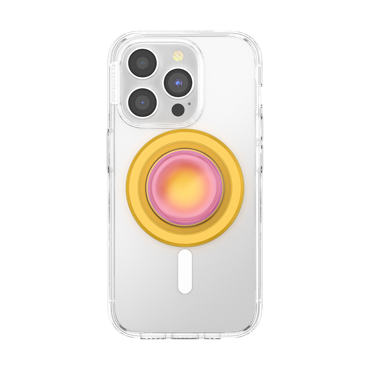 Funda transparente con PopSocket amarillo-rosa y módulo de cámara.