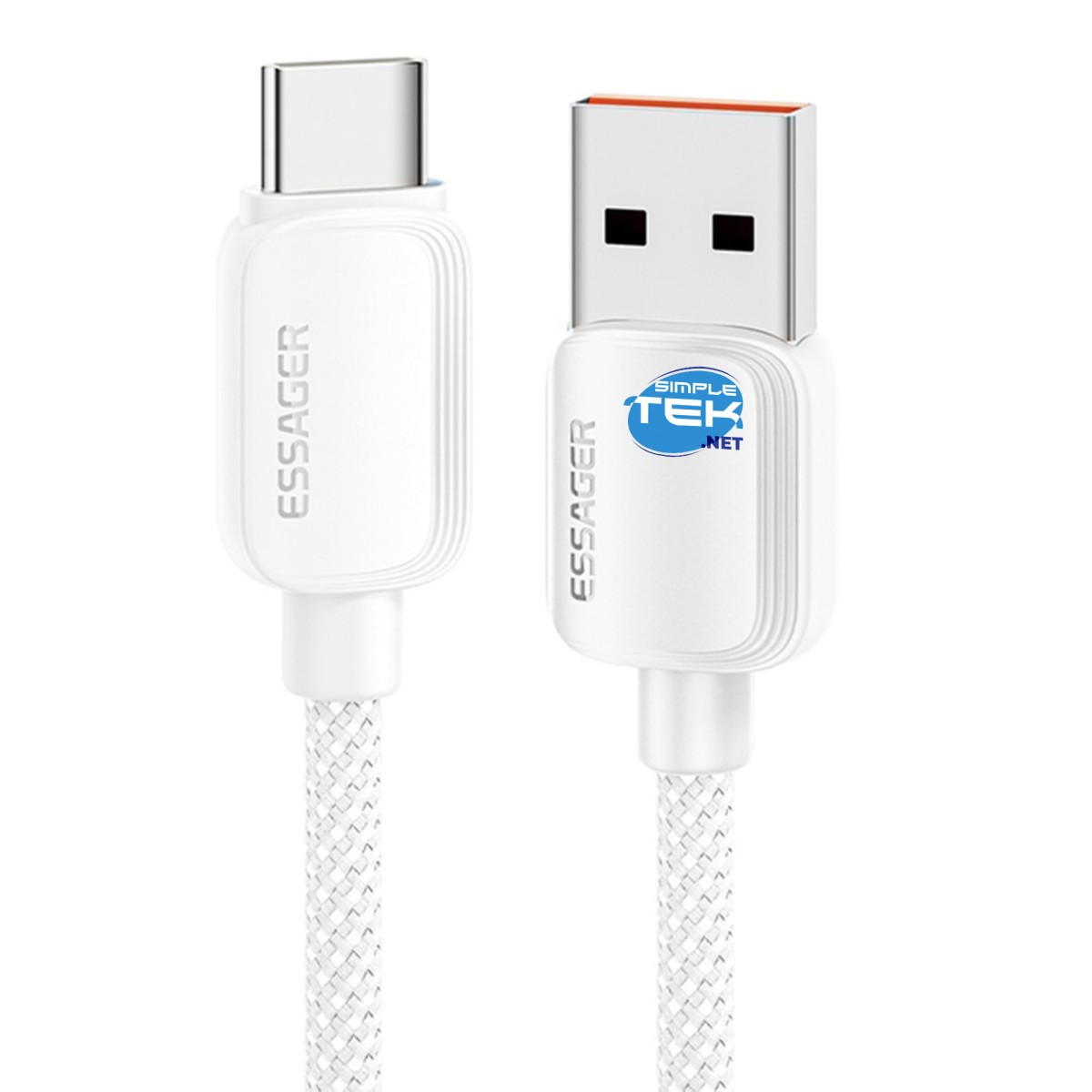 Due cavi Essager bianchi: uno USB-C, uno USB-A con logo Simple Tek.