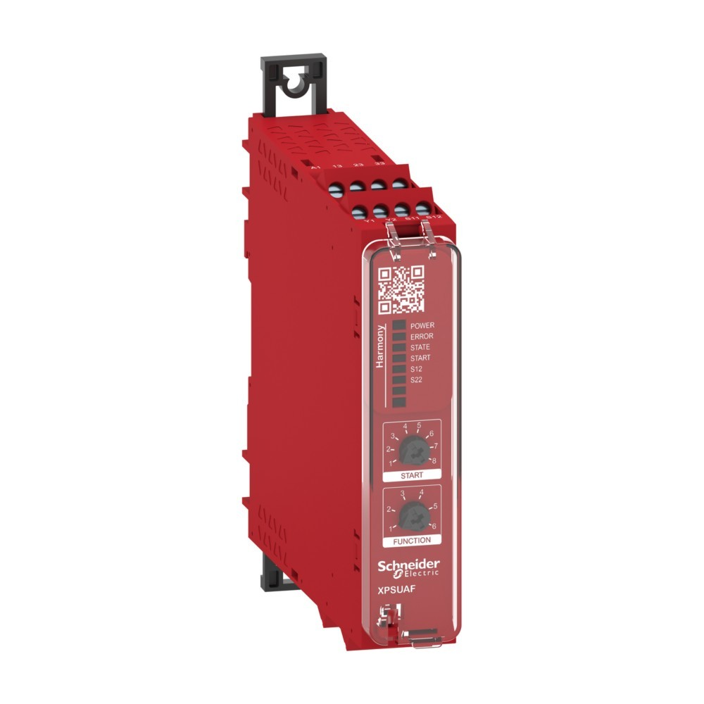Modulo di controllo industriale rosso con spie e due manopole START e FUNZIONE.