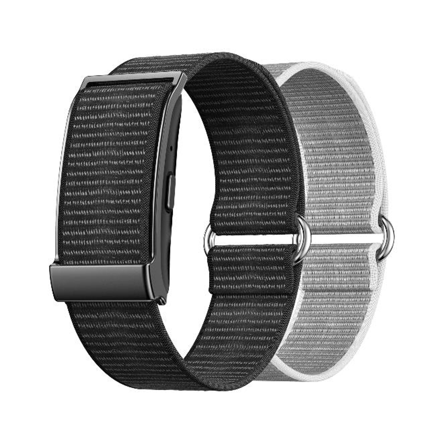 Zwei Stoff-Uhrenarmbänder, eines schwarz mit Metallschnalle, eines hellgrau.