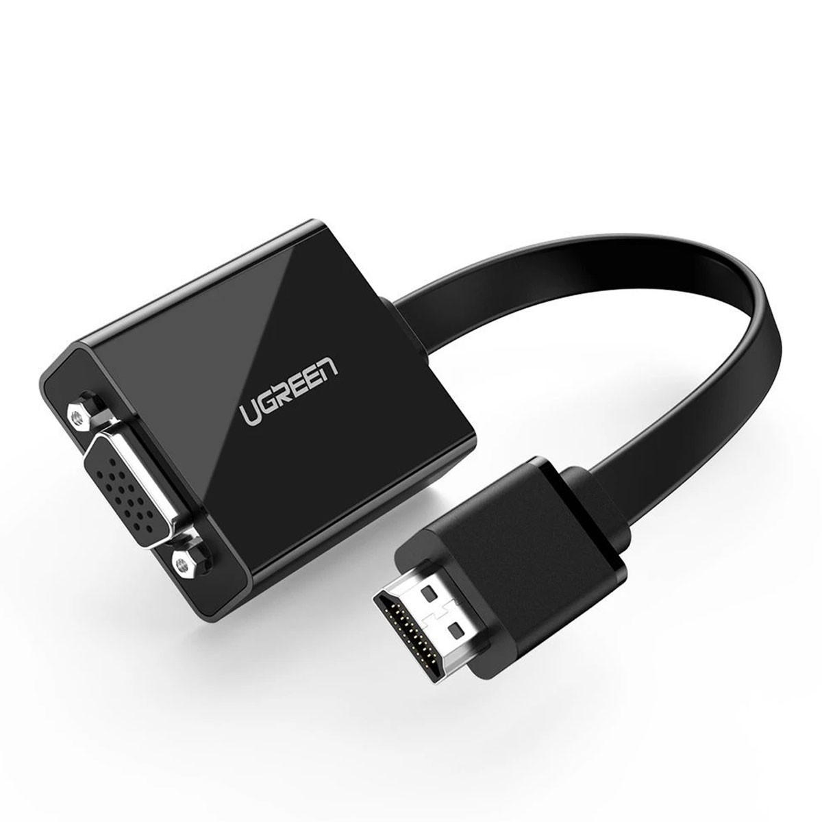 Adattatore da VGA a HDMI UGREEN nero con cavo su sfondo bianco.