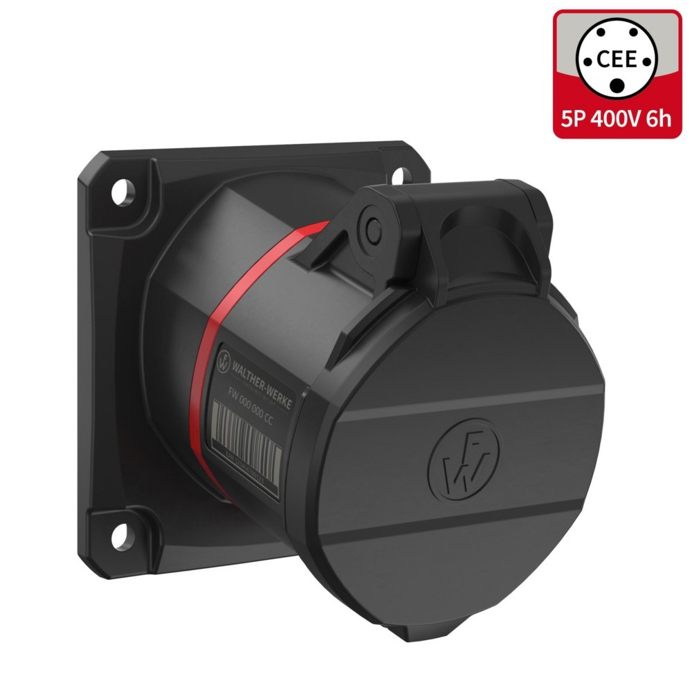 Prese industriale CEE nera con striscia rossa e coperchio. Marchio WALTHER-WERKE.