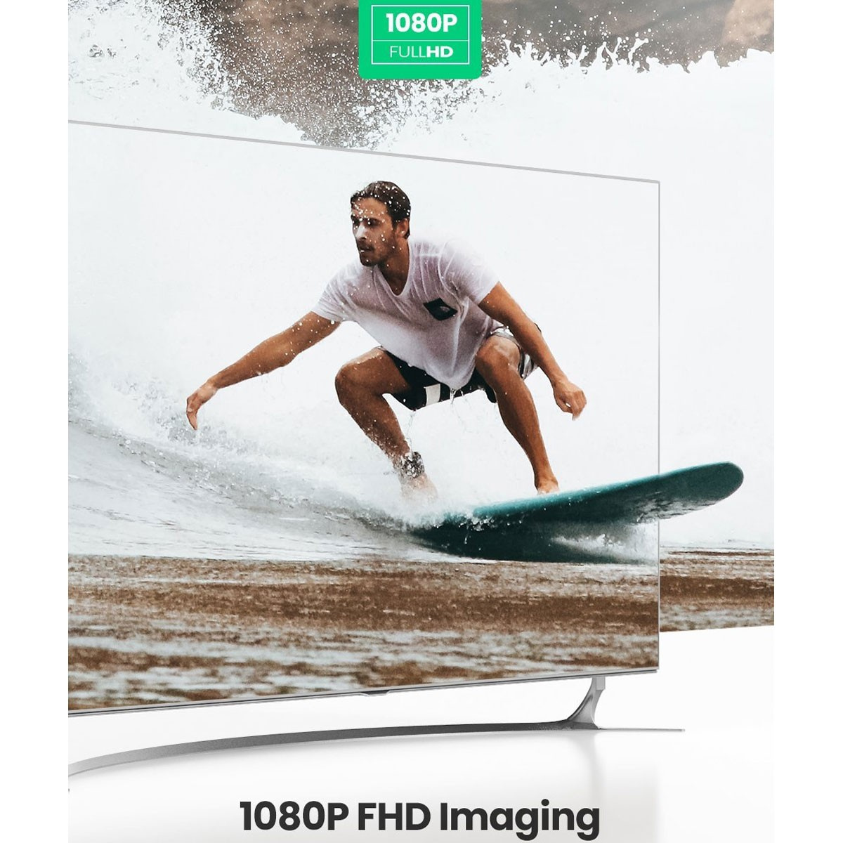 Un uomo fa surf su un'onda, mostrato su uno schermo TV con testo 1080p FHD.