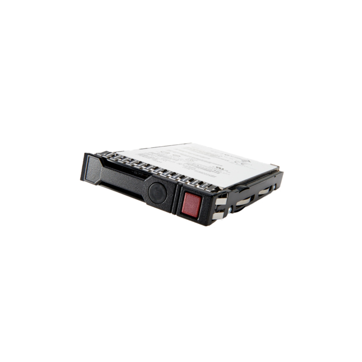 Un hard disk nero con pulsante rosso, isolato su sfondo bianco.