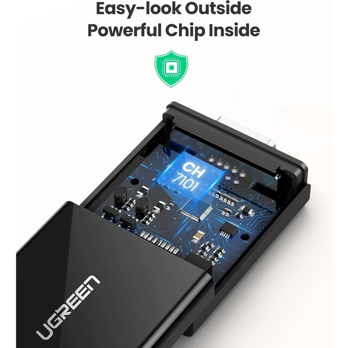 Adattatore UGREEN nero che mostra circuito stampato con chip CH 7101.