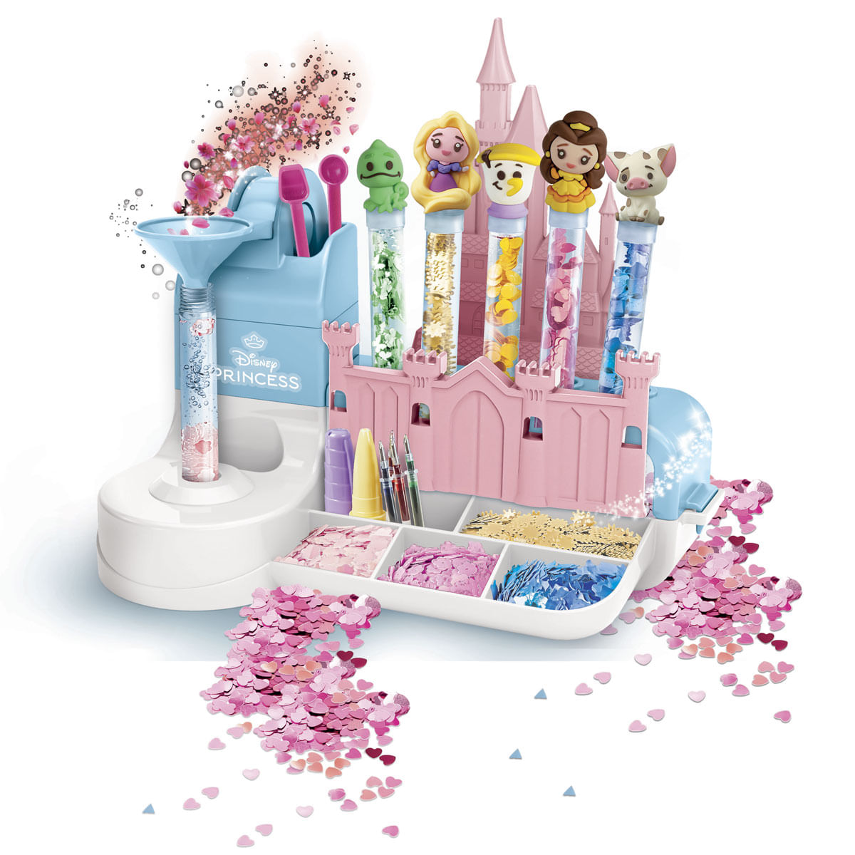 Kit de manualidades con purpurina de Disney Princess con castillo, personajes y purpurina en forma de corazón.