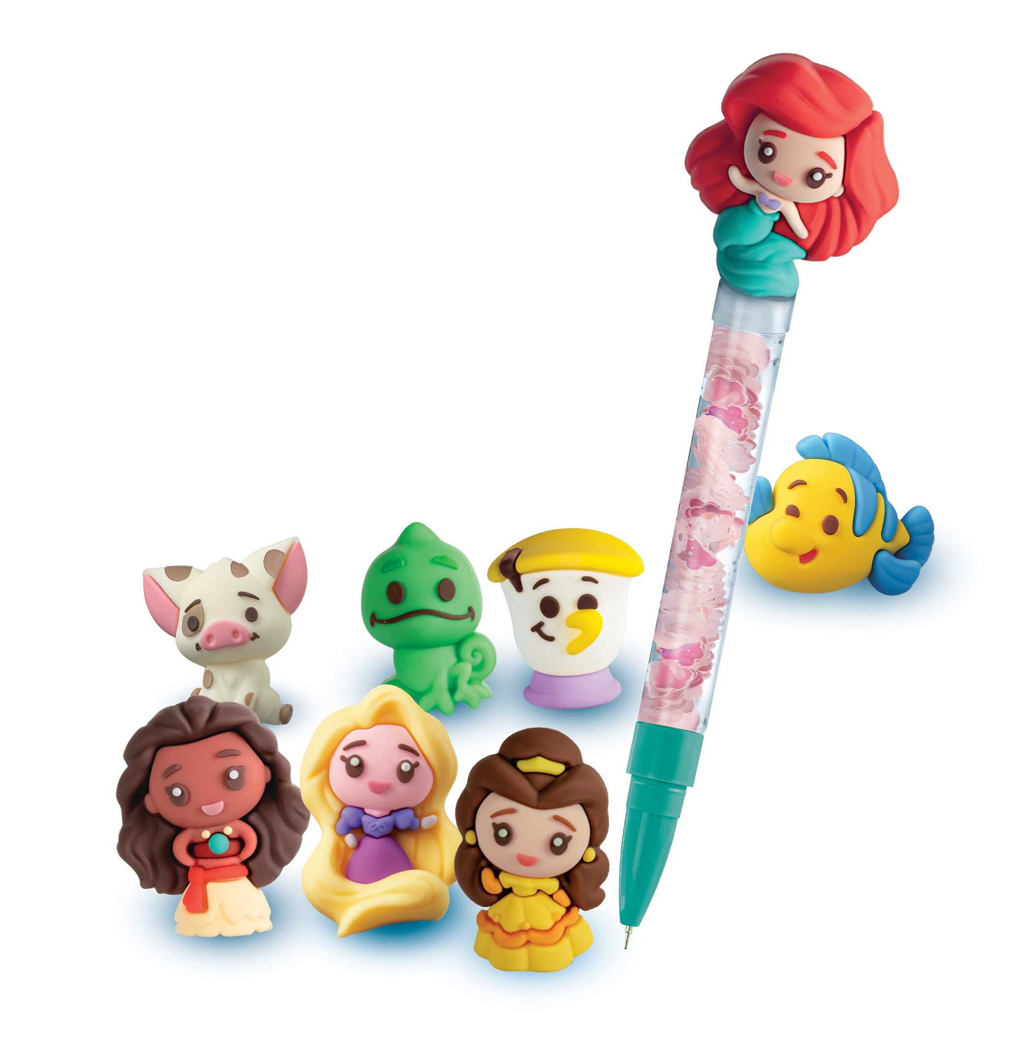 Personajes de Disney: Ariel, Flounder, Pua, Pascal, Olaf, Moana, Rapunzel, Bella en un bolígrafo.