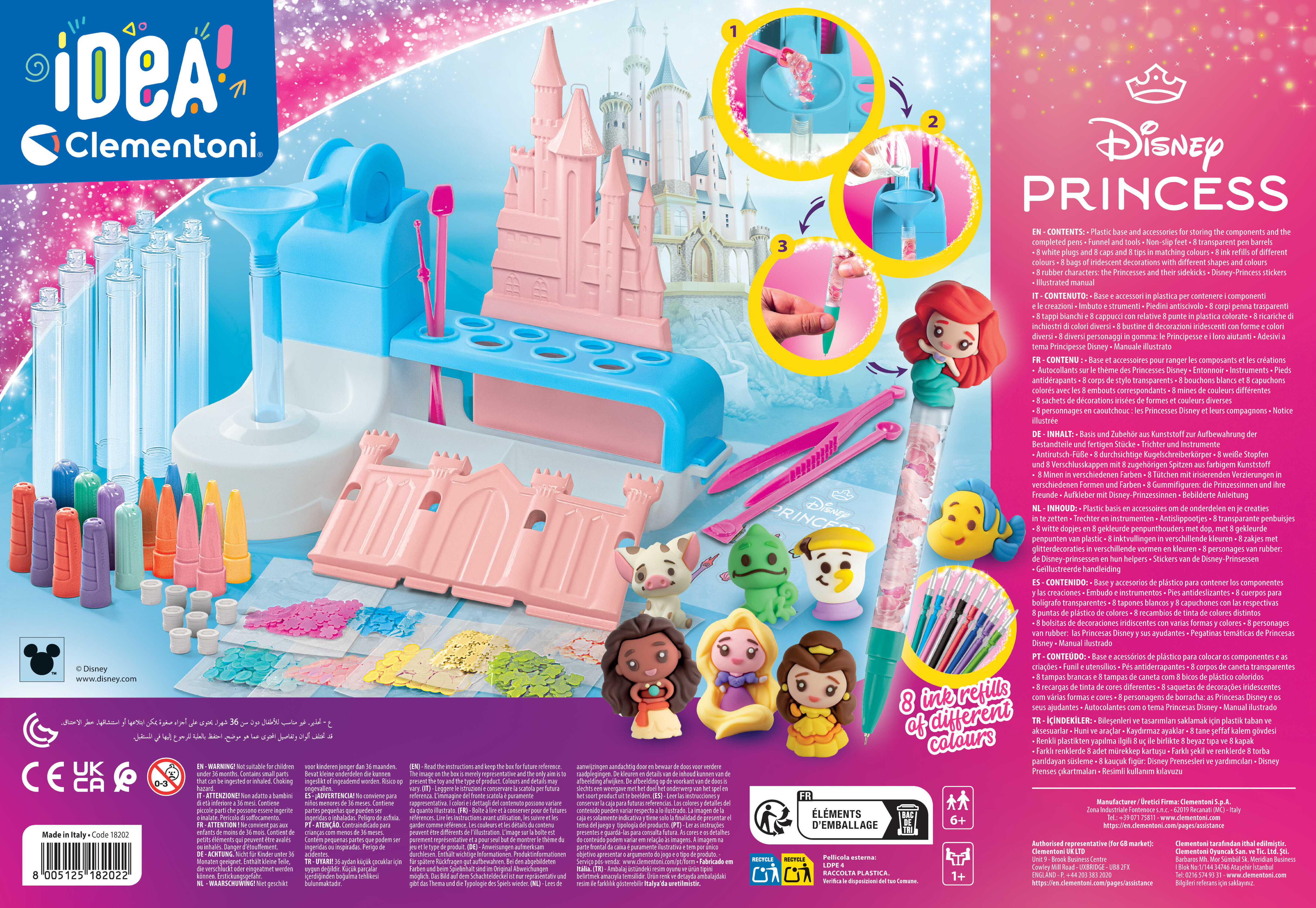 Set de manualidades Clementoni Disney Princess con figuras, bolígrafos, accesorios y decoraciones.