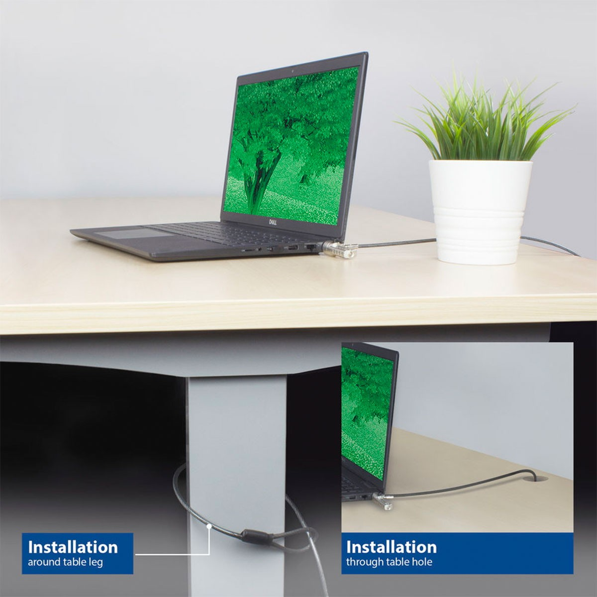 Laptop assicurato alla scrivania con lucchetto a cavo. Mostrati due metodi di installazione.