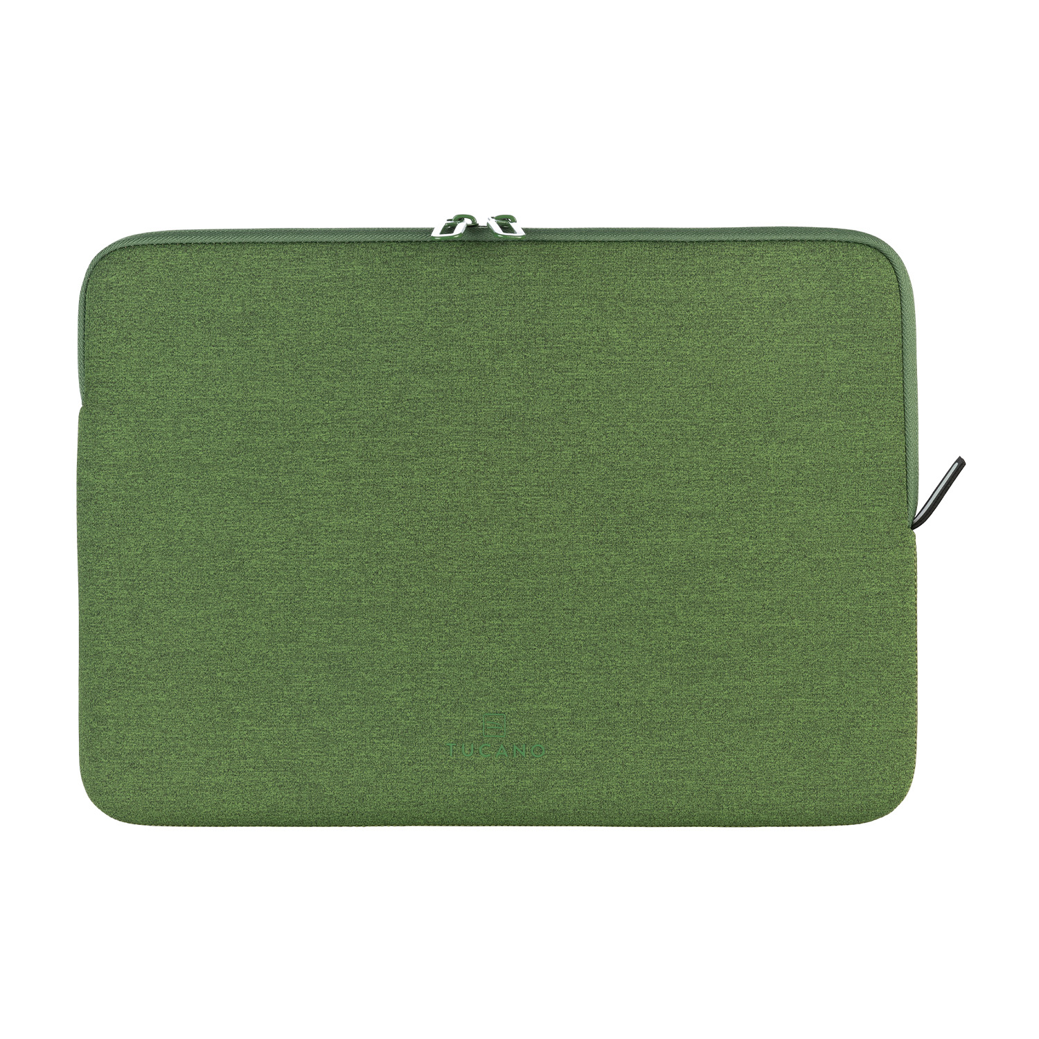 Custodia verde per laptop con cerniera e tiretto nero.